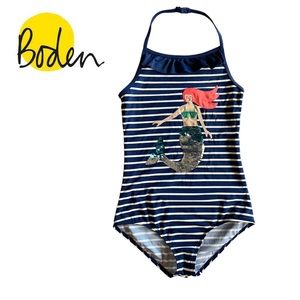 BODEN Girls Mermaid Sequined Swimsuit Size 11-12Y Blue White Stripes Ruffle